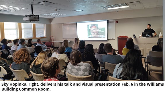 Poet Sky Hopinka giving presentation in Common Room