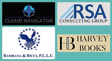 Logos for Cloud Navigator, Harvey Books, RSA Consulting Group, Rambana and Ricci law firm.