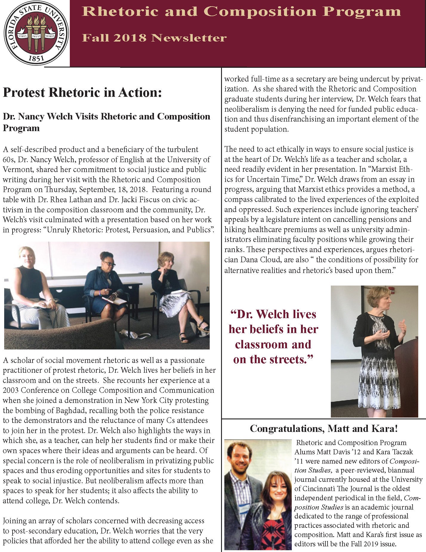 FSU Rhetoric and Composition Program Newsletter, Fall 2018