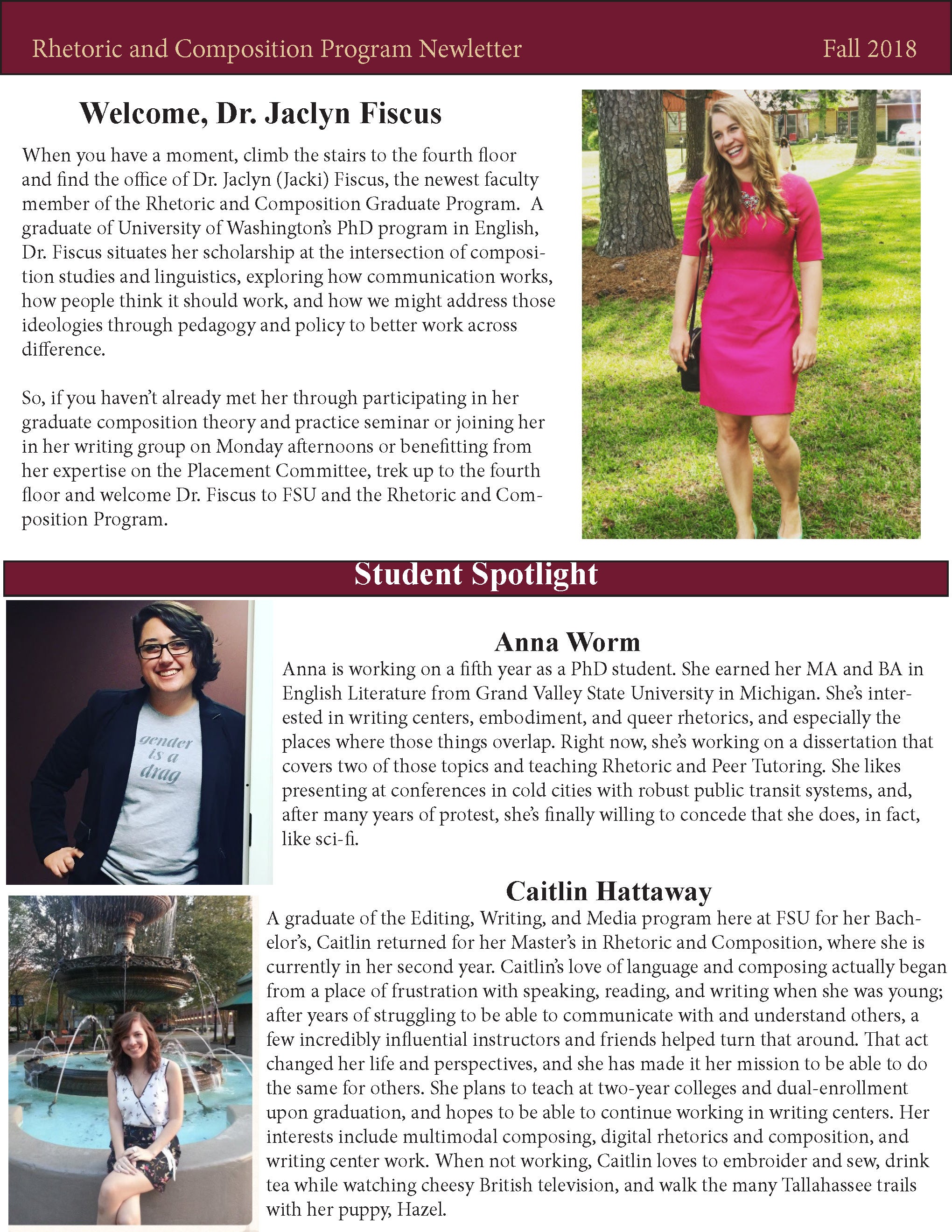 FSU Rhetoric and Composition Program Newsletter, Fall 2018