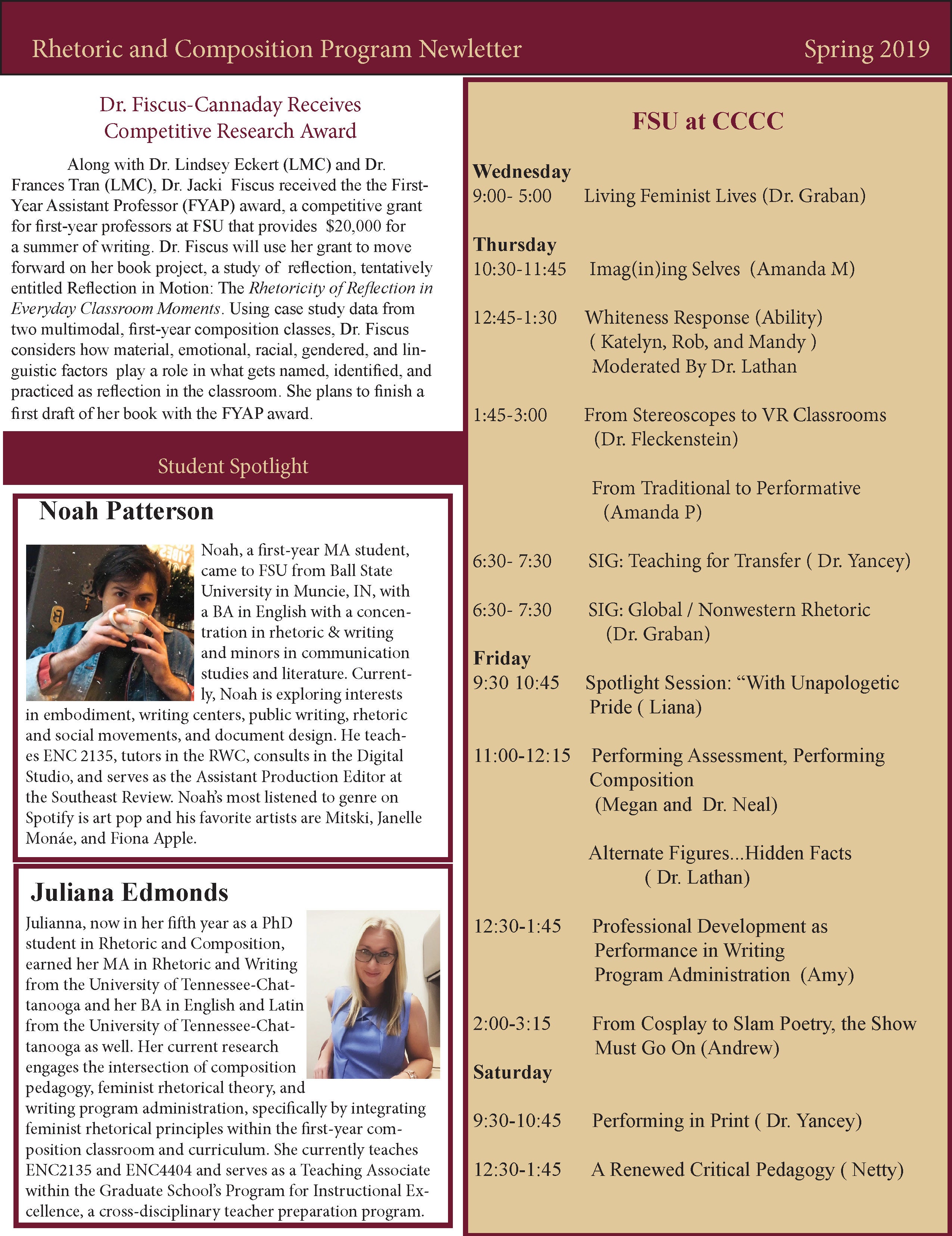 FSU Rhetoric and Composition Program Newsletter, Spring 2019