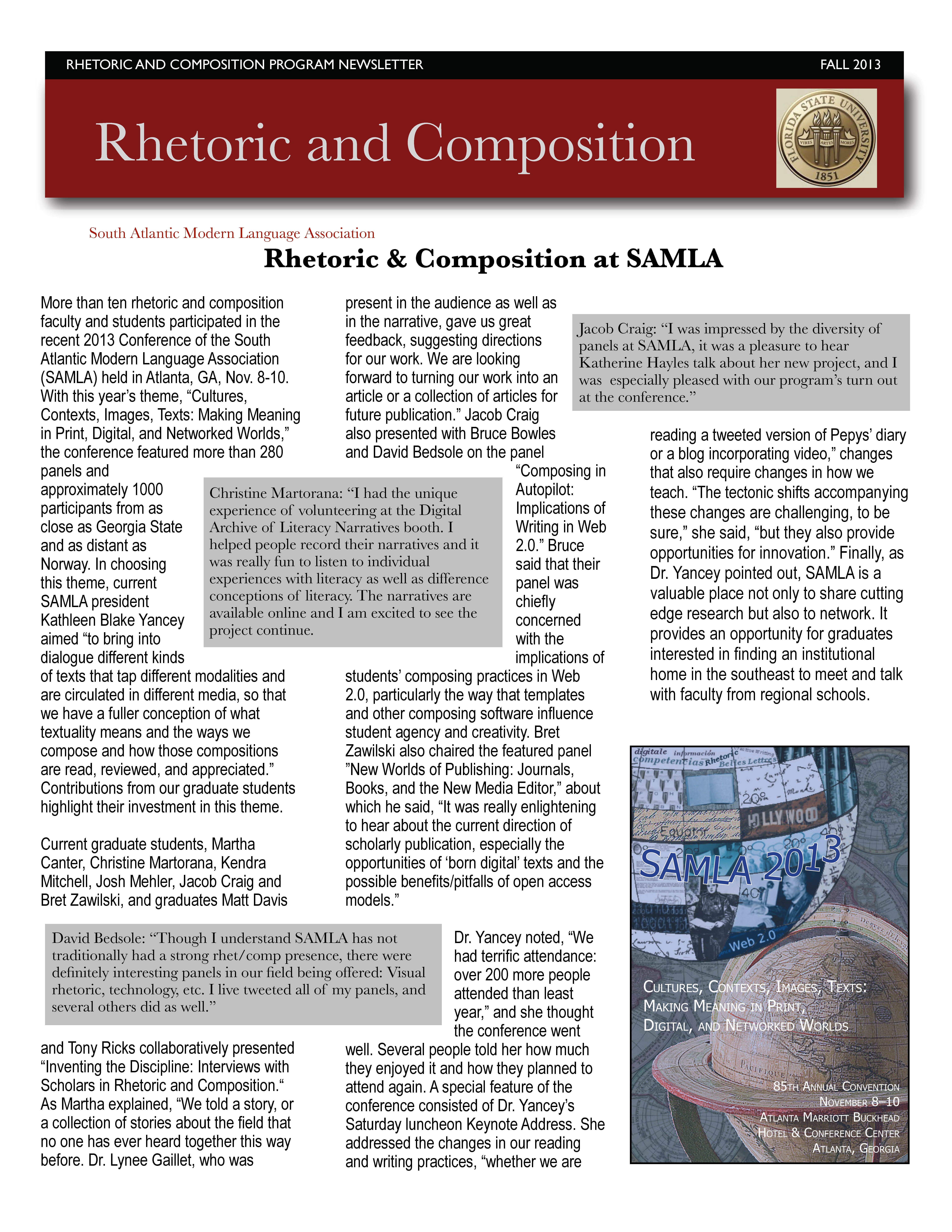 FSU Rhetoric and Composition Program Newsletter, Fall 2013