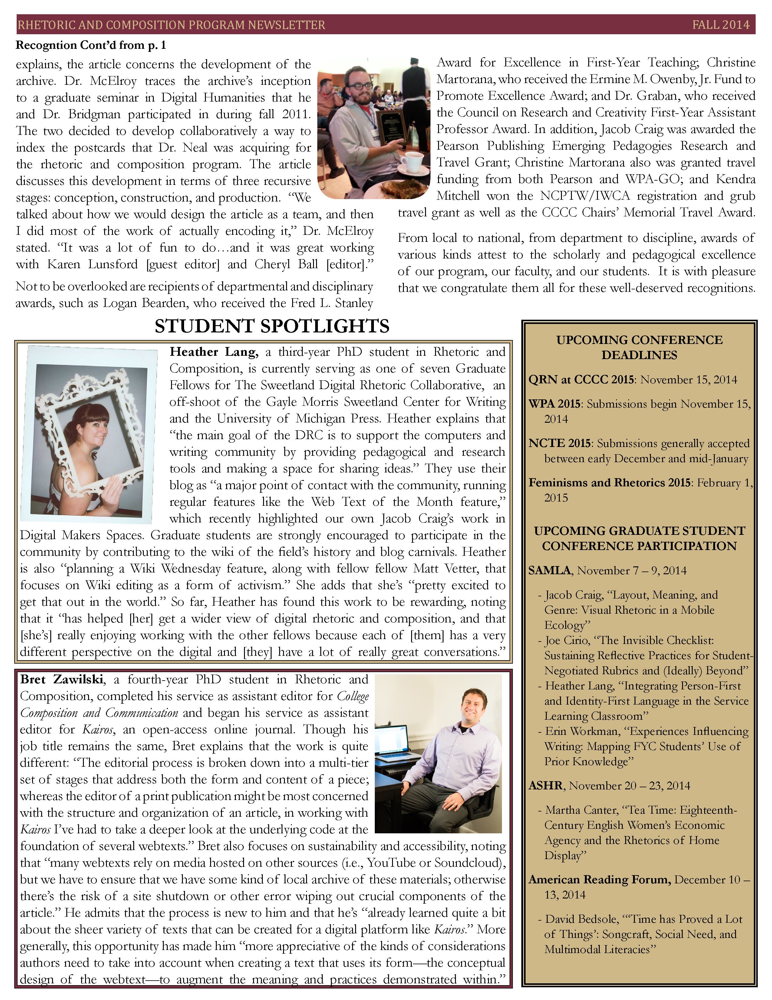 FSU Rhetoric and Composition Program Newsletter, Fall 2014