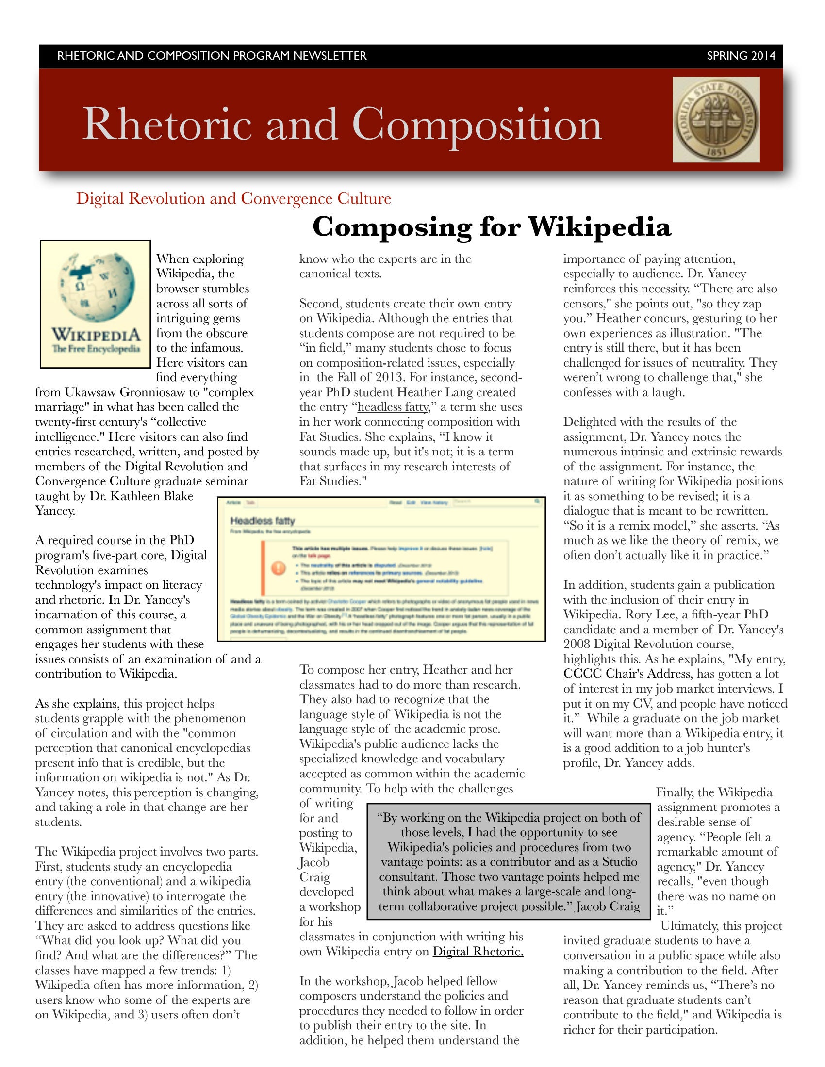 FSU Rhetoric and Composition Program Newsletter, Spring 2014