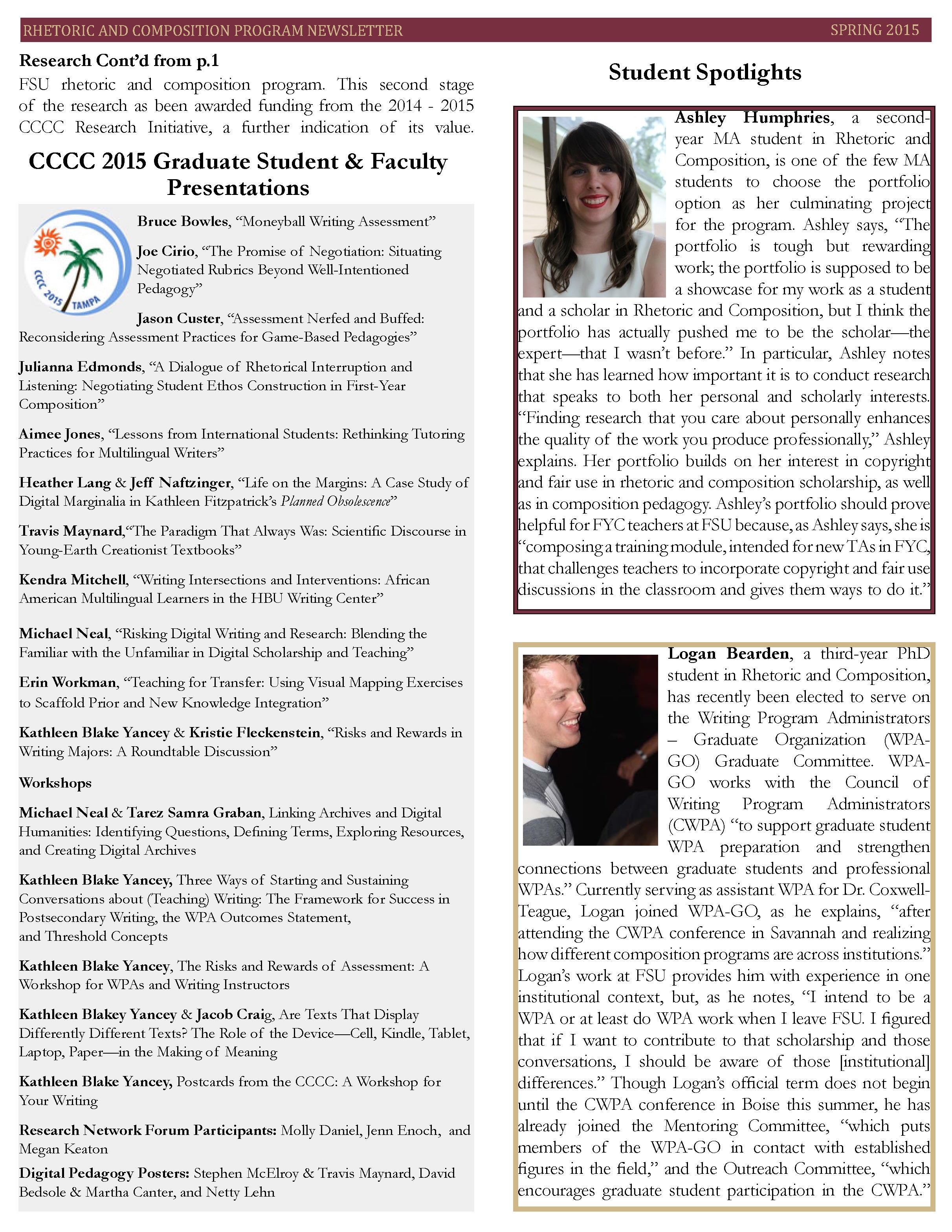 FSU Rhetoric and Composition Program Newsletter, Spring 2015