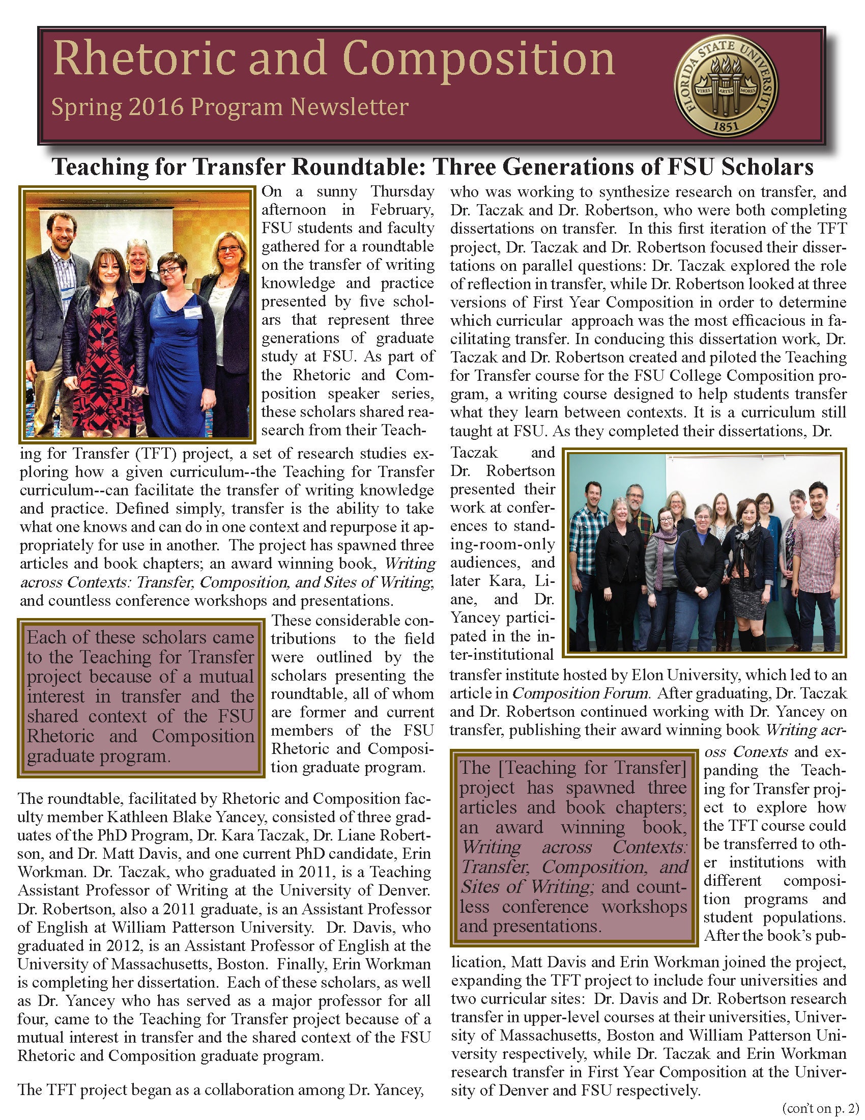 FSU Rhetoric and Composition Program Newsletter, Spring 2016