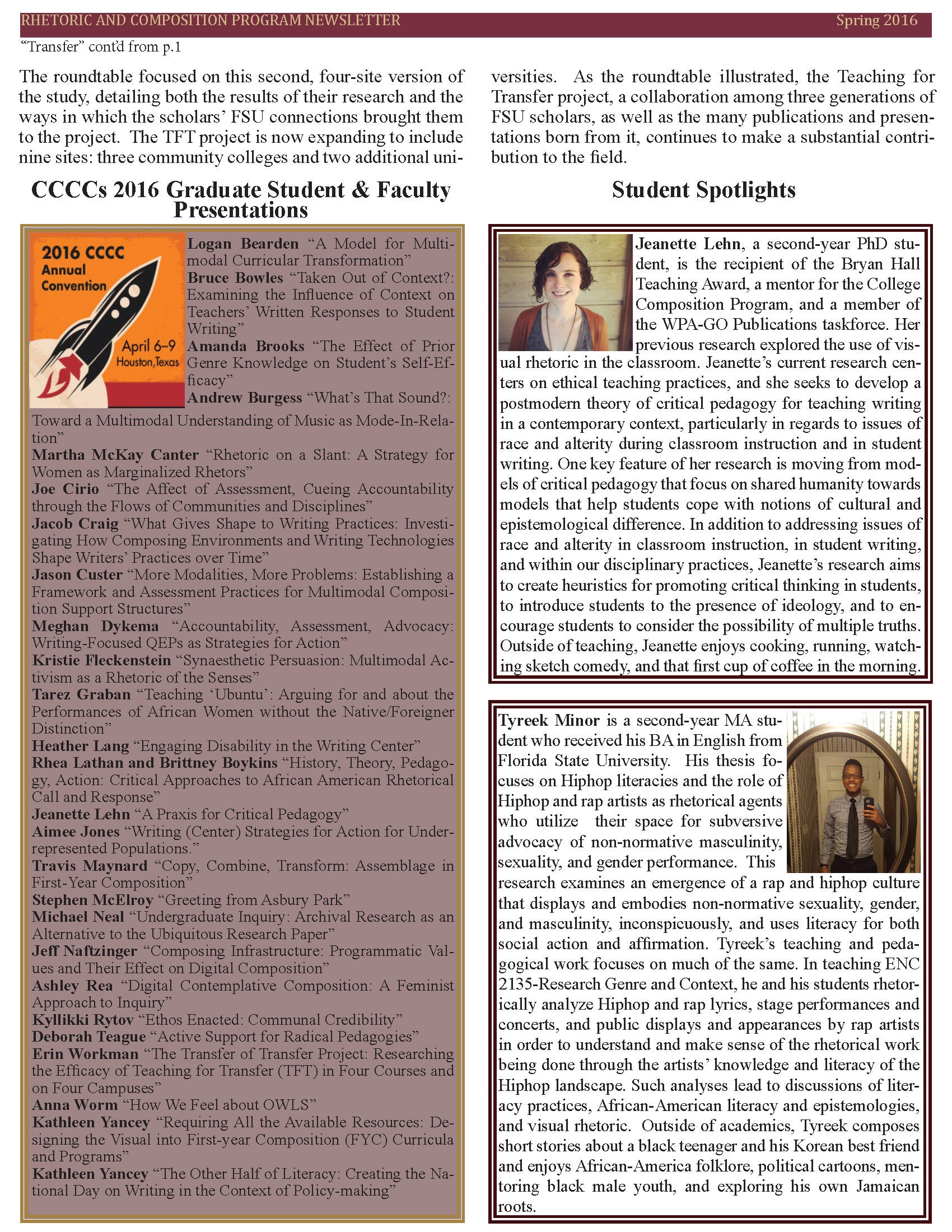 FSU Rhetoric and Composition Program Newsletter, Spring 2016